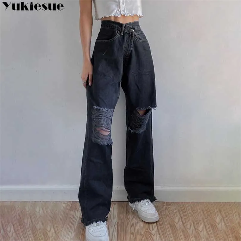 rippade kvinnors jeans kvinna hög midja breda ben byxor jeans jean kvinnor kläder odefinierade streetwear kvinnas byxor 211129