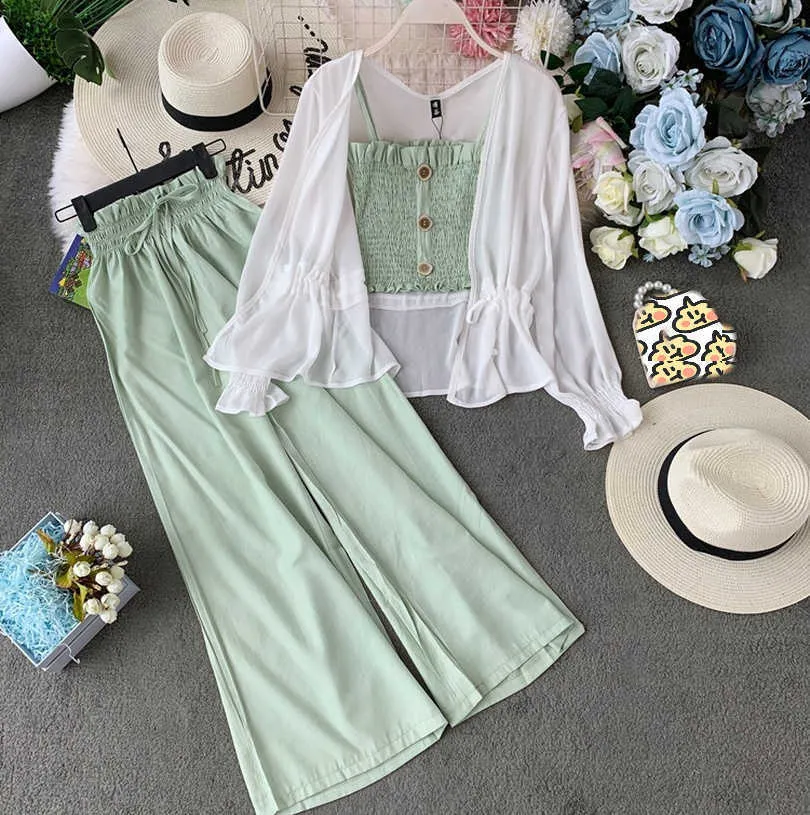 Fashion Suit Female Summer Camisole + High Waist Wide Leg Pants Trousers + Sunscreen Cardigan Jacket Three-piece Suit Y0625