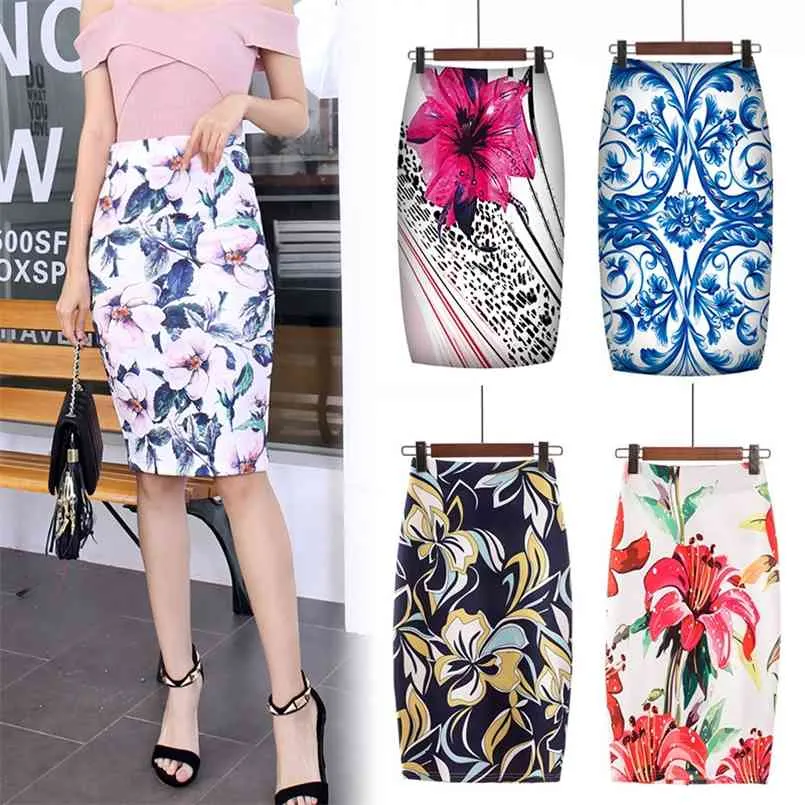 Digital tryckt penna kjol för kvinnor faldas mujer moda blommig sommar midi kvinna s kvinnliga falda 210708