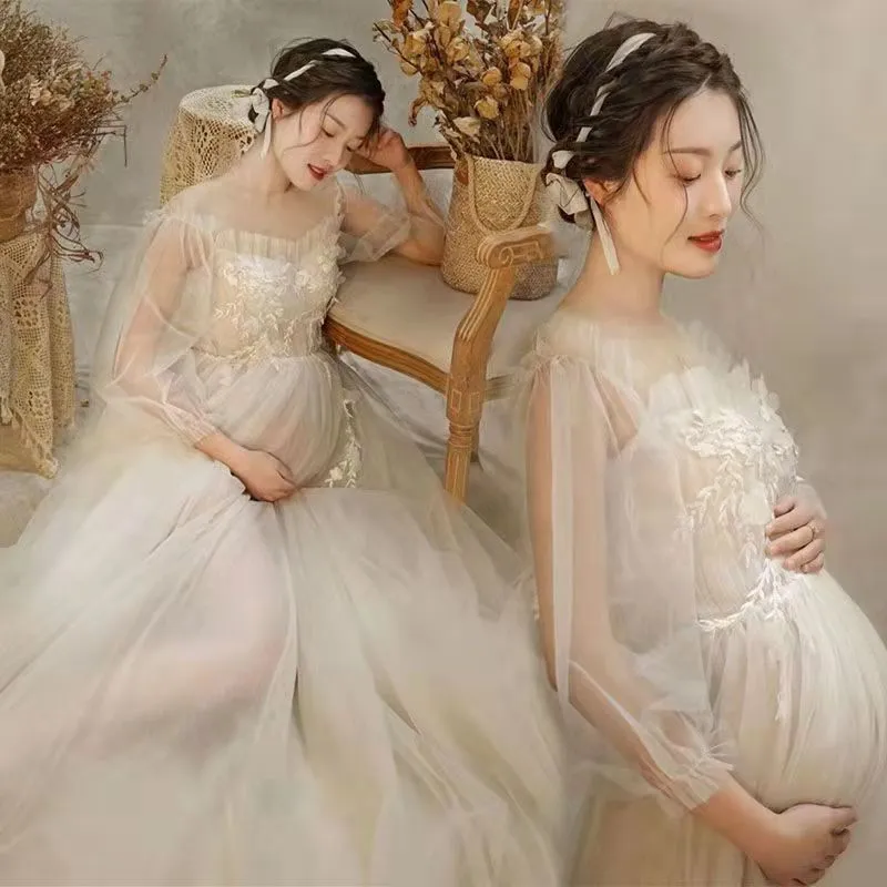2021 새로운 레이스 메쉬 출산 복장 사진 촬영 요정 화이트 자수 꽃 Boho 긴 임신 가운 여자 사진 의상 베이비 샤워 가운