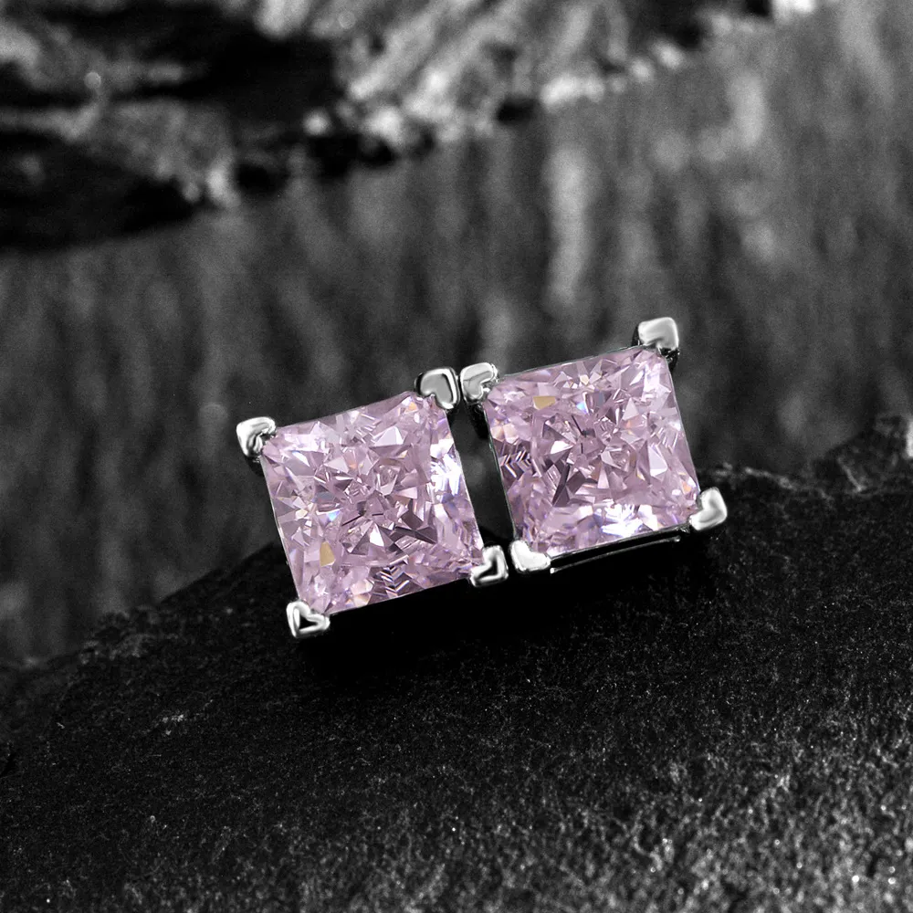 Princess Cut 6mm Pink Diamond Stud Earring 100% Real 925 Sterling Silver Promise Wedding Earrings for Women Bridal Sieraden