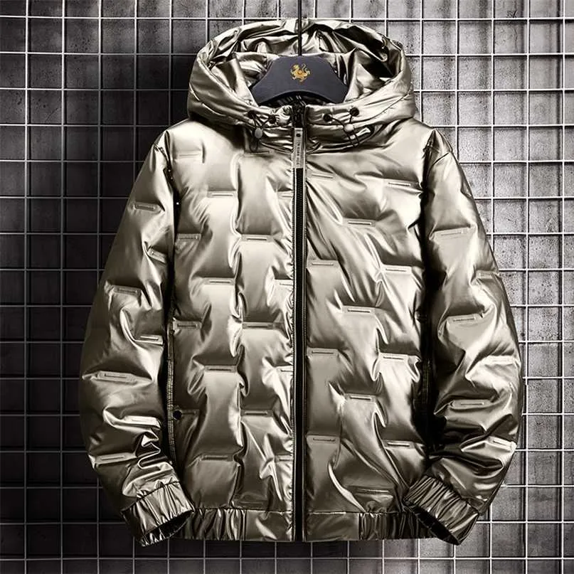Mens Casual Down Jacket Winter Boutique White Duck Down Thick Warm Fashion Print Mens Slim Hooded White Black Down Coat 211204