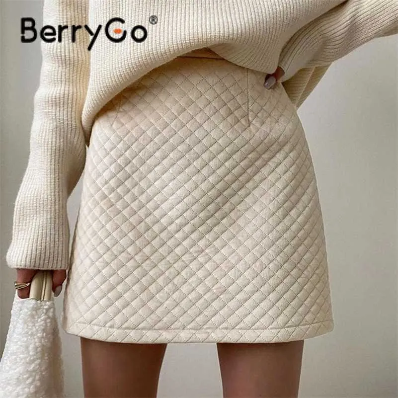 ベリーゴ秋のフェイクスエードスカートスカート女性ミニ冬のエレガントな格子縞のショートソリッド弾性ウエスト211120