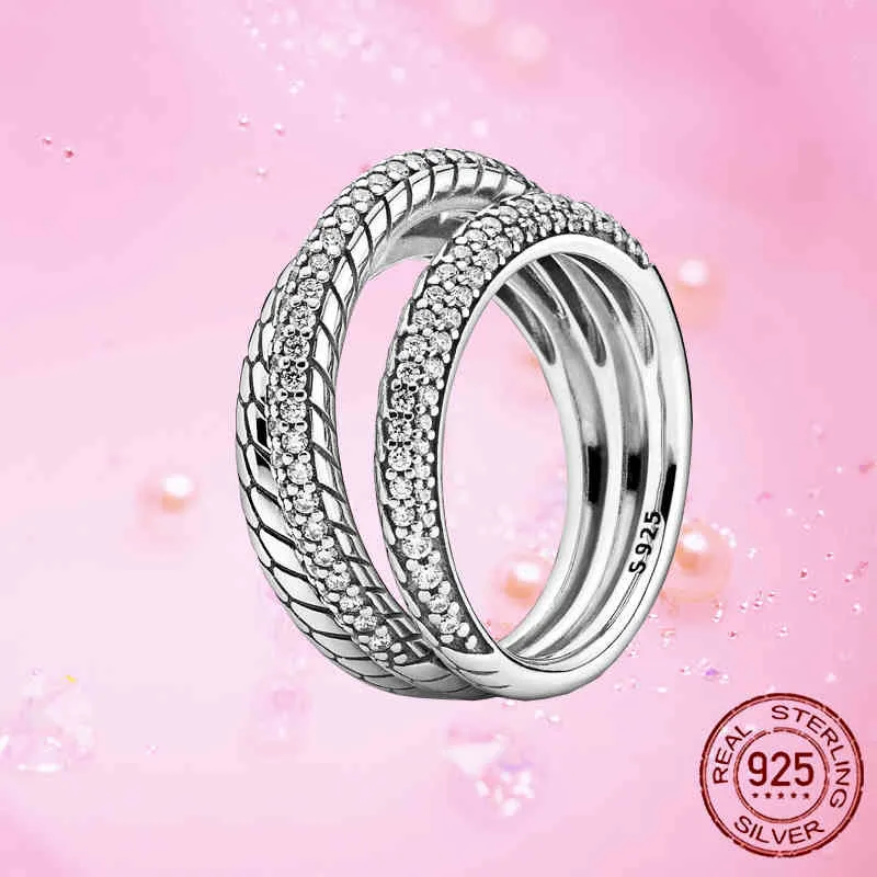 925 esterlina prata triplo banda pavimentada cadeia de cobra anel de padrão para mulheres fina casamento engajamento jóias gif