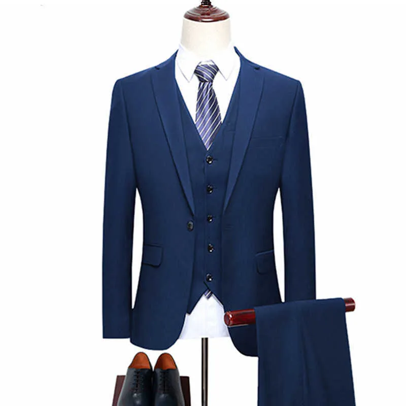 Business 3 Piece Suit Set Groom Wedding Blazer Coat Trousers Waistcoat Slim Workwear Men's High End Large Size Jacket Pants Vest X0909