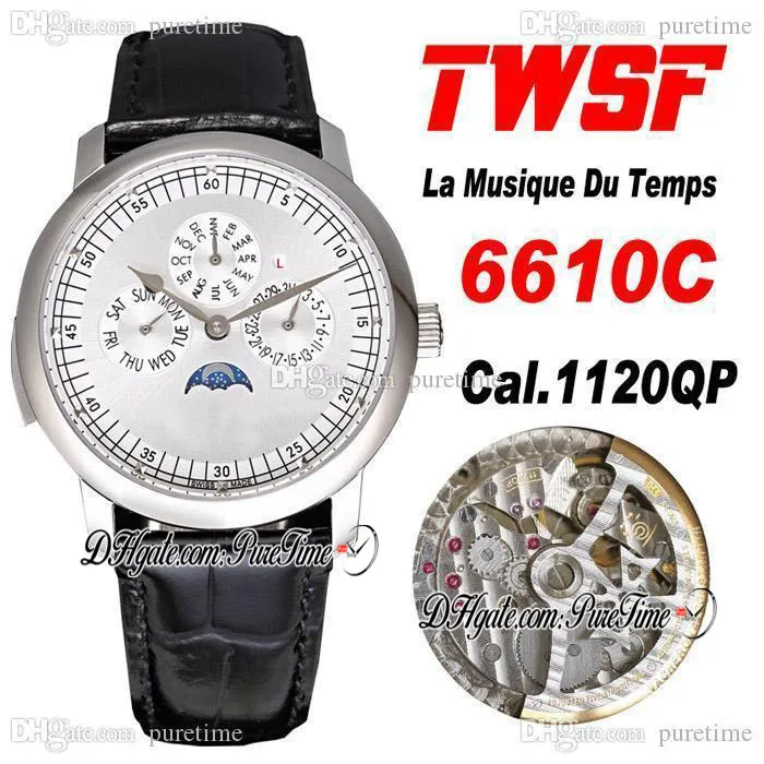 TWSF Patrimony Calendrier perpétuel 6610C A1120 Montre automatique pour homme La Musique Du Temps Boîtier en acier Cadran texturé argenté Cuir noir Super Edition Puretime A1