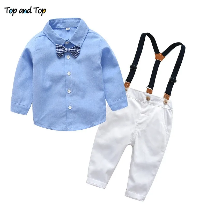 Top e Top Baby Boys Set di abbigliamento formale Toddler Kids Baby Boys Abiti Gentleman Papillon Camicia a maniche lunghe + Bretelle Pantaloni 210309