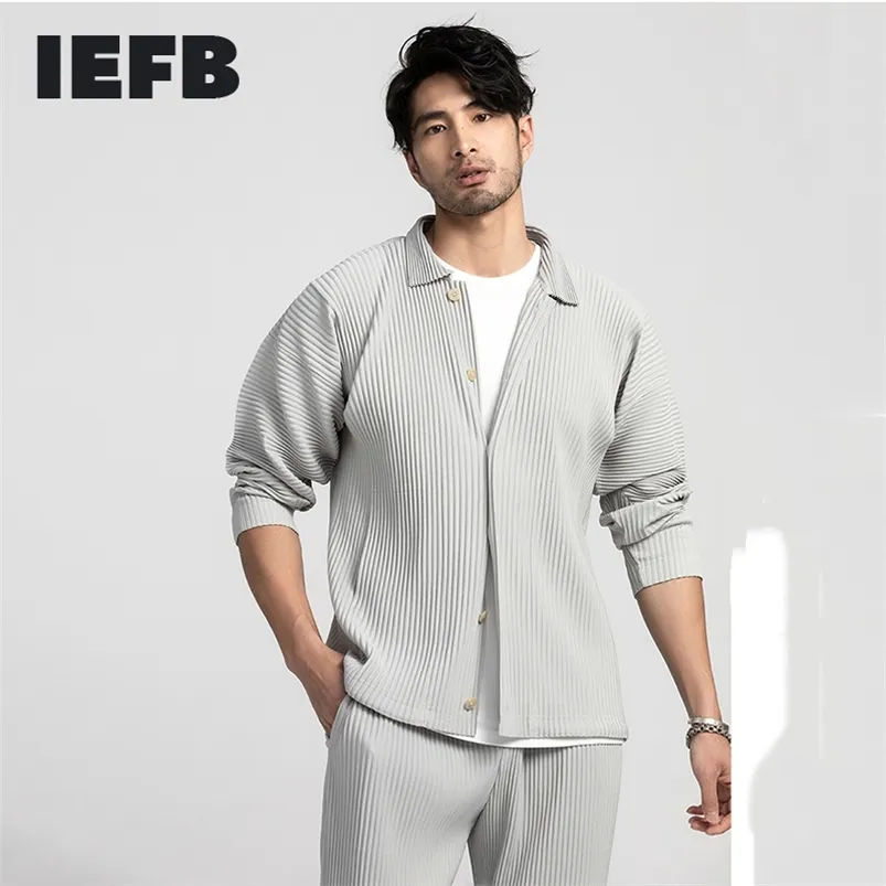 IEFB Mäns Slit Högkvalitativ Japansk Stretch Fabric Oversize Långärmad Plisserad Skjorta Solskyddskläder för Man 9Y3055 210714