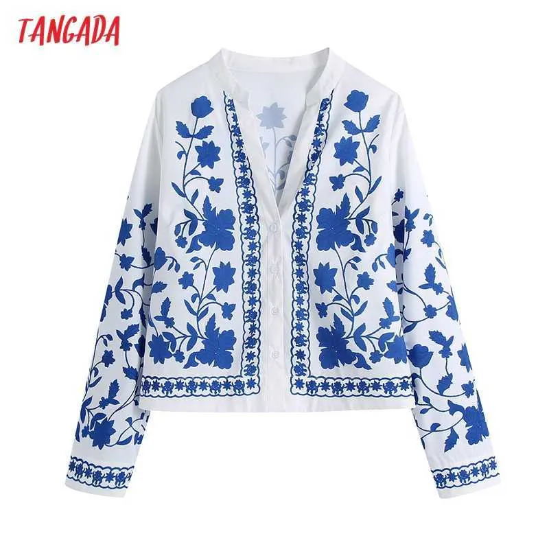 Tangada Women Retro Blue Floral Print Romantic Crop Blouse Shirt V Neck Long Sleeve Chic Female Shirt Tops CE225 210609