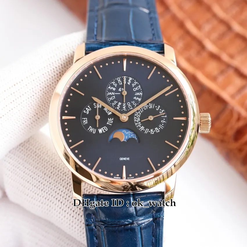 Top Version Twf Watch Patrimony Perpetual Calendar 43175 / 000R-B519 Cal.1120QP Automatisk Mens Klocka Rose Gold Case Blue Dial Leather Strap Gents Sports Wristwatches
