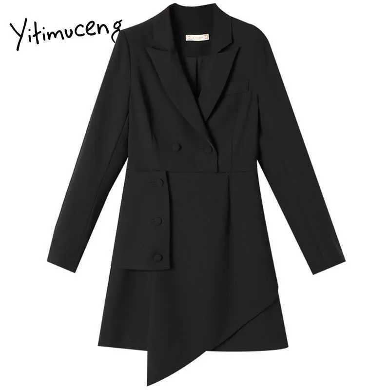 Yitimuceng Button Dress for Women A-Line Solid Black Spring Notched Pullover Long Sleeve High Wais Fashion Clothing 210601