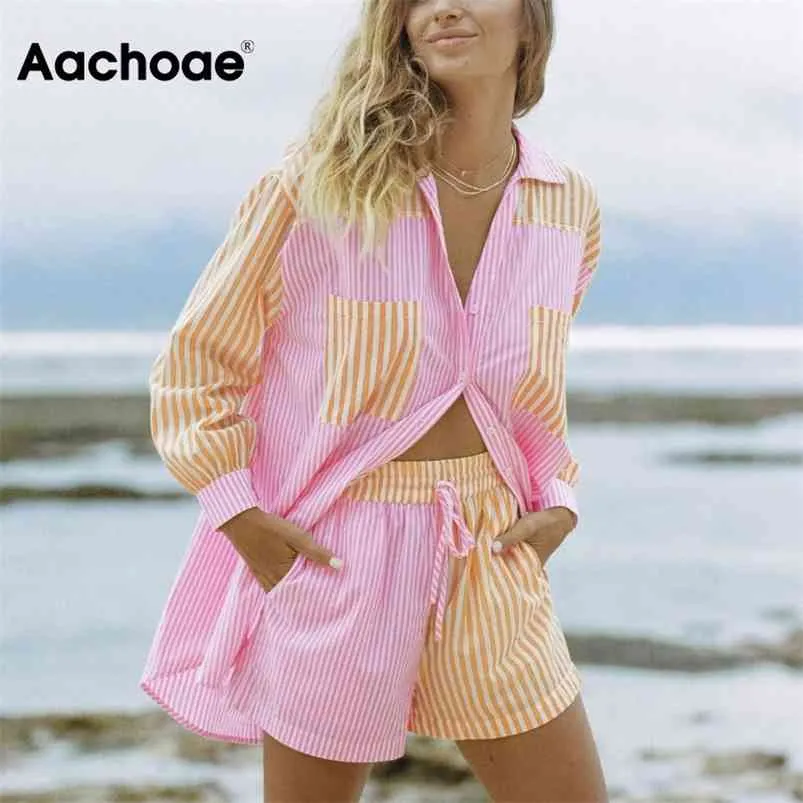 AACHOAE Moda Patchwork Pamuk 2 Parça Set Kadın Uzun Kollu Cepler Ile Yüksek Bel Şort Çizgili Baskı Tatil Setleri 210721