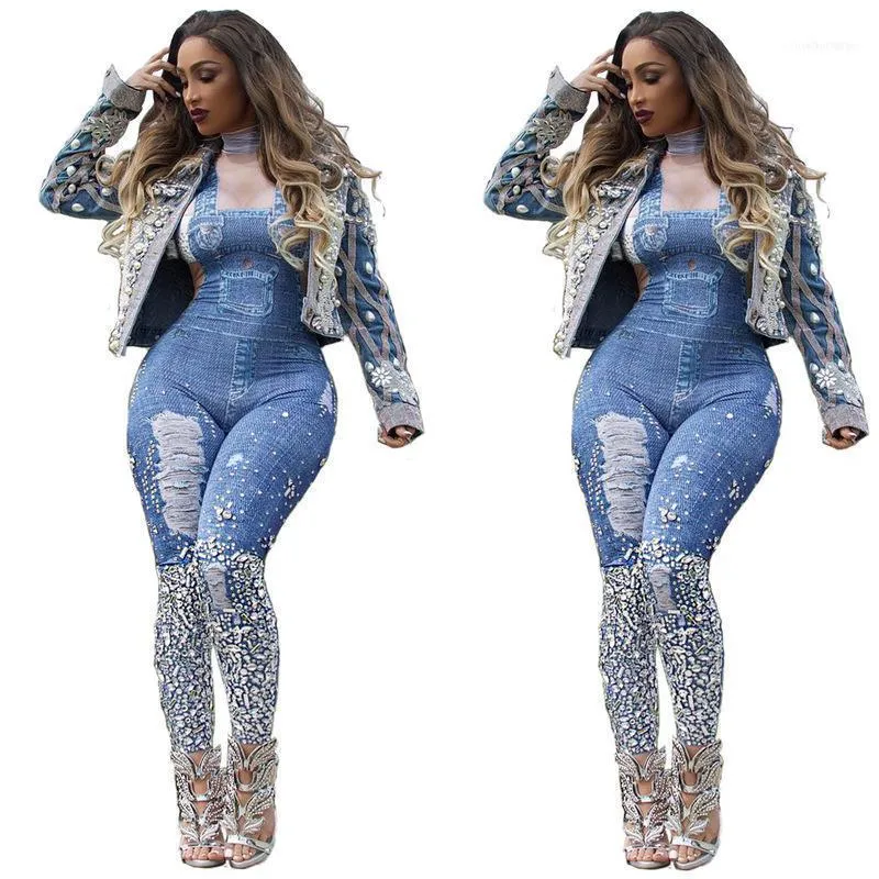 Jumpsuits das Mulheres Macacão Chegada Europeia e Americana de Moda Calças de Jeans Suspender Impresso Calças Desejo Alto Collar Fitness Pants02241