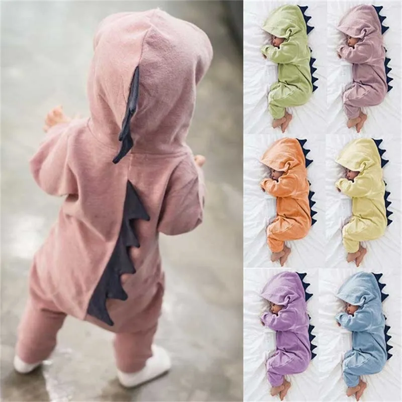Nyfödd spädbarn Baby Boy Girl Dinosaur Hooded Romper Jumpsuit Outfits Kläder Kawaii Solid Kläder Jumpsuit för Unisex 123 Q2