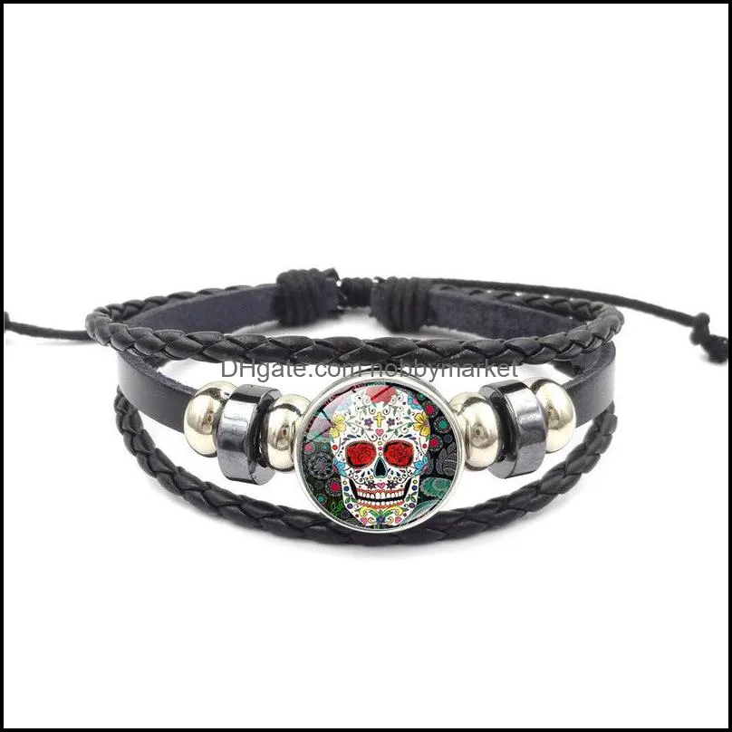 New Sugar Skull Snap Button Charm bracelet 18mm Glass Cabochon Ginger Snap Multilayer braided Rope bangle For women men s Fashion