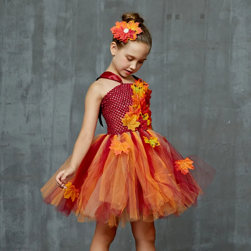 Fall Autumn Girls Tutu Dress Kids Maple Leaves Dress Up Halloween Costume Fancy Birthday Party Carnival Thanksgiving Dresses (4)