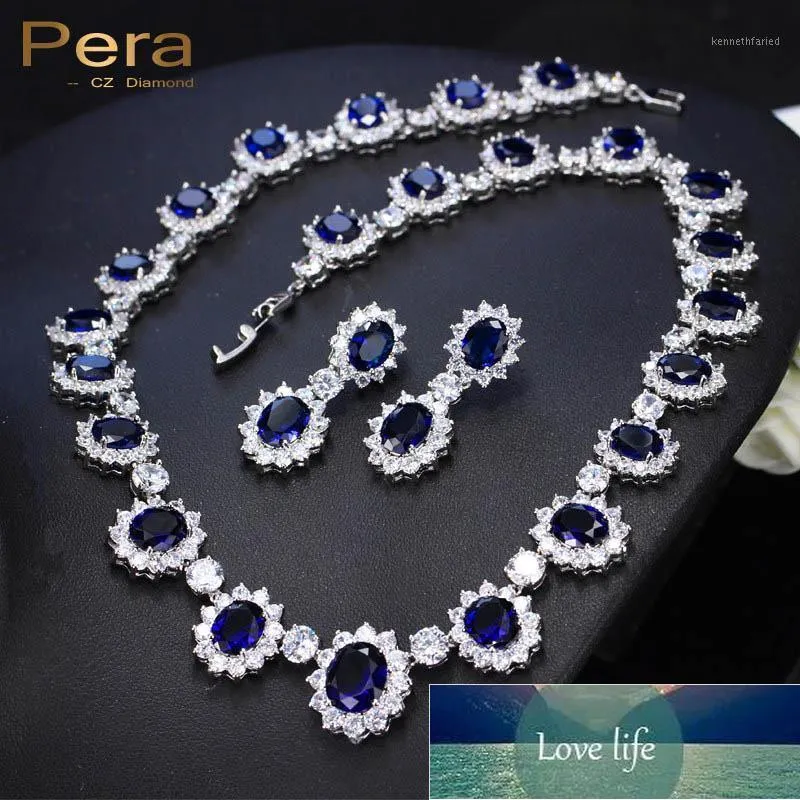 Pera Cz Big Round Cubic Zirconia Bridal Bröllop Royal Blue Stone Halsband och Örhängen Smyckesuppsättningar för Brides J1261 Fabrikspris Expert Design Kvalitet Senaste stil