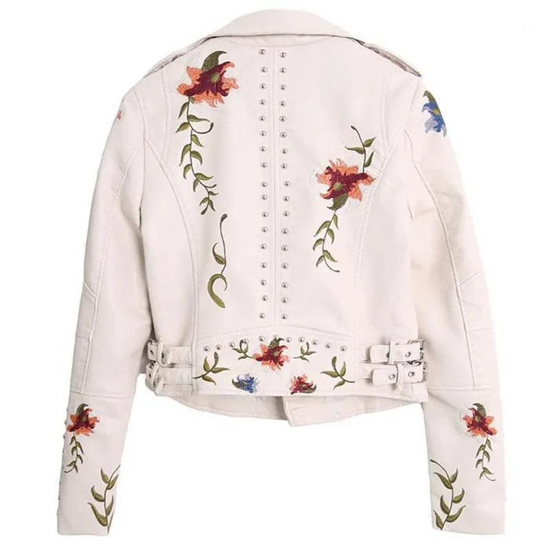 Laufende Jacken Frauen Biker Lederjacke Floral Print Stickerei Faux Mantel Abdeckkragen PU Motorrad Punk Oberbekleidung