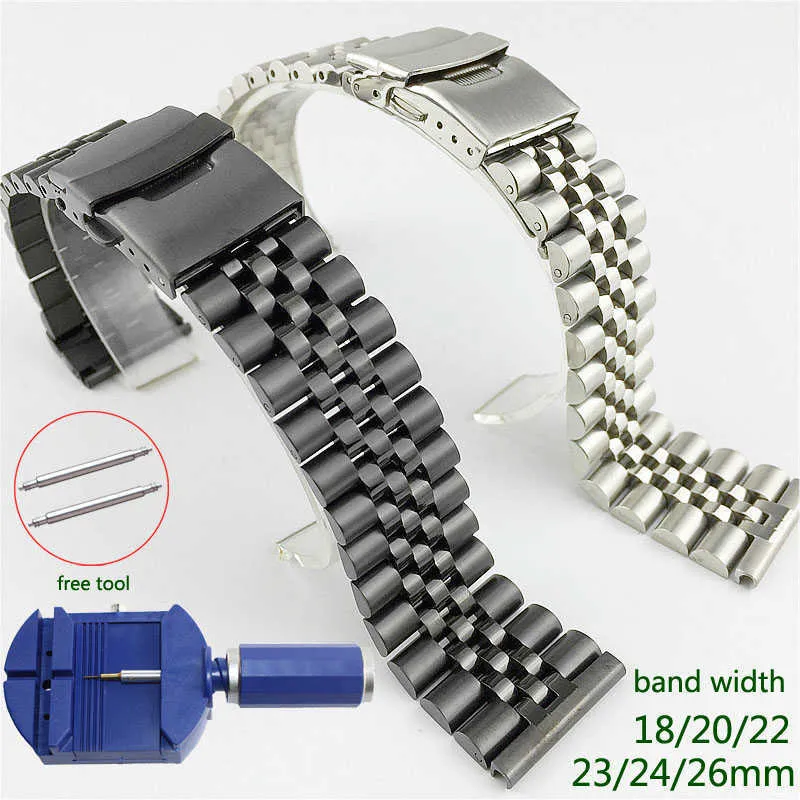 Roestvrijstalen horlogeband 18mm 20mm 22mm 23mm 24mm 26mm horloge riem zijde glanzende horlogeband dubbele gesp vervangende armband H0915