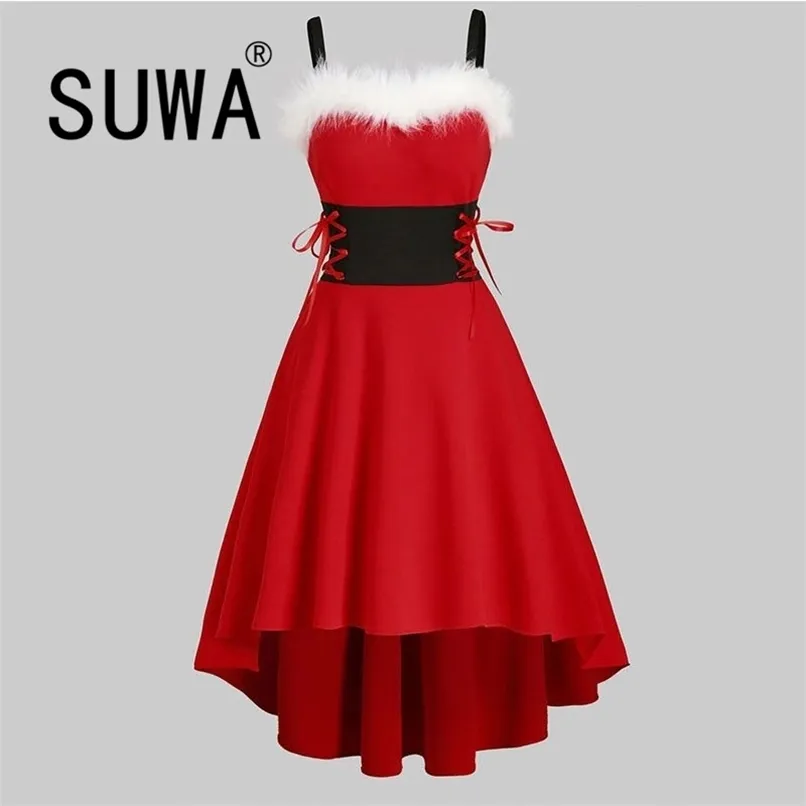 Christmas Dress Women Off Shoulder Spaghetti Strap Spring Autumn Fashion Faux-fur Lace Up Asymmetrical High Low Midi 210525