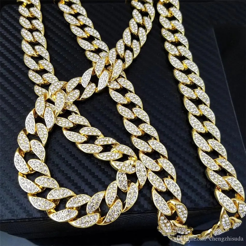 Whosale 16Inch 18Inch 20Inch 22Inch 24Inch 26Inch 28Inch 30Inch Iced Out Rhinestone Gold Silver  Cuban Link Chain Men Hiphop Necklace