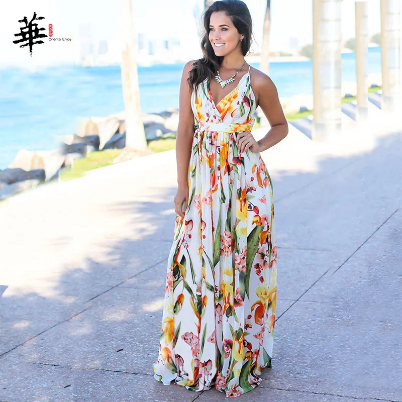 Bidobibo Womens Bohemian Summer Maxi Dress: Tropical Print V