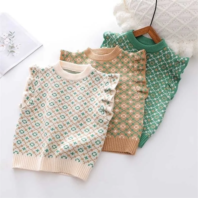 Herfst Winter Meisjes Vesten Gebreide Trui Vest O-hals Jacquard Weave Vintage Mouwloze Kinderen Bovenkleding Jassen Knitwear 211203