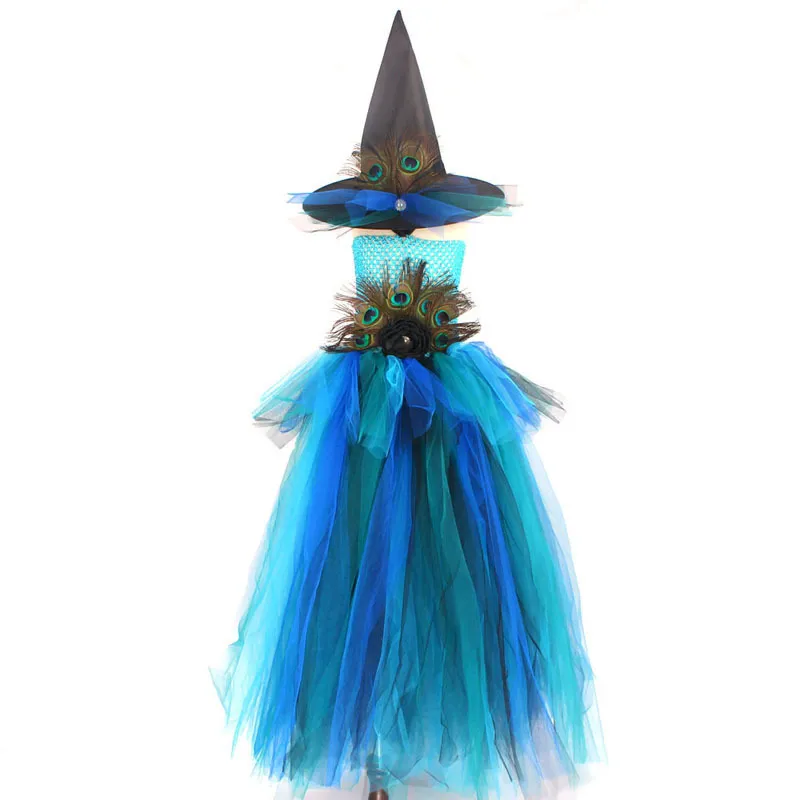Elegant Peacock Feather Costume Girls Fluffy Layered Peacock Tutu Dress with Witch Hat Kids Pageant Party Ball Gowns Dresses (2)