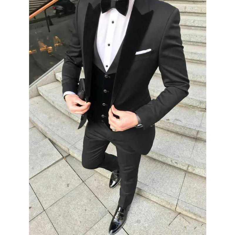 Neue Slim Fit Herrenanzüge für Hochzeit Prom Party mit schwarzem Samt Revers Bräutigam Smoking 3 Stück formelle Mann Set Jacke Hose Weste X0909