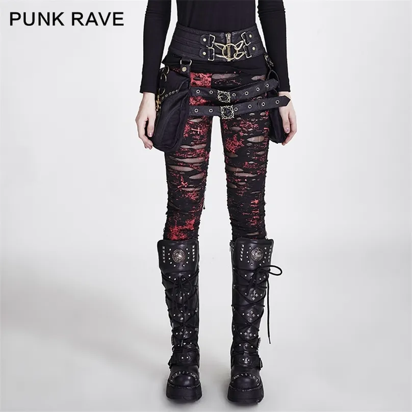 PUNK RAVE Gothic Women Broken Mesh Leggings High Elastic Holes Crocheted Breathable Ripped Pants Black Red Steampunk Charm Sexy 211215