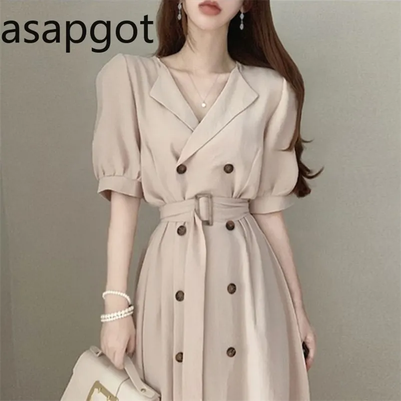 Korean Chic Retro Lapel Double-breasted Puff Sleeve White Elegant Long Dress with Belt Women Summer Clothes Black Bandage 210623