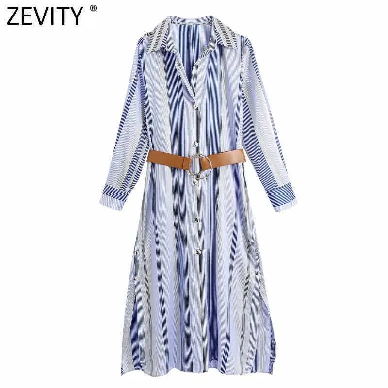 Zevity Kobiety Vintage Kontrast Paski Drukowanie Pojedyncze Koszula Single Sukienka Office Lady Chic Side Split Sashes Vestido DS8207 210603
