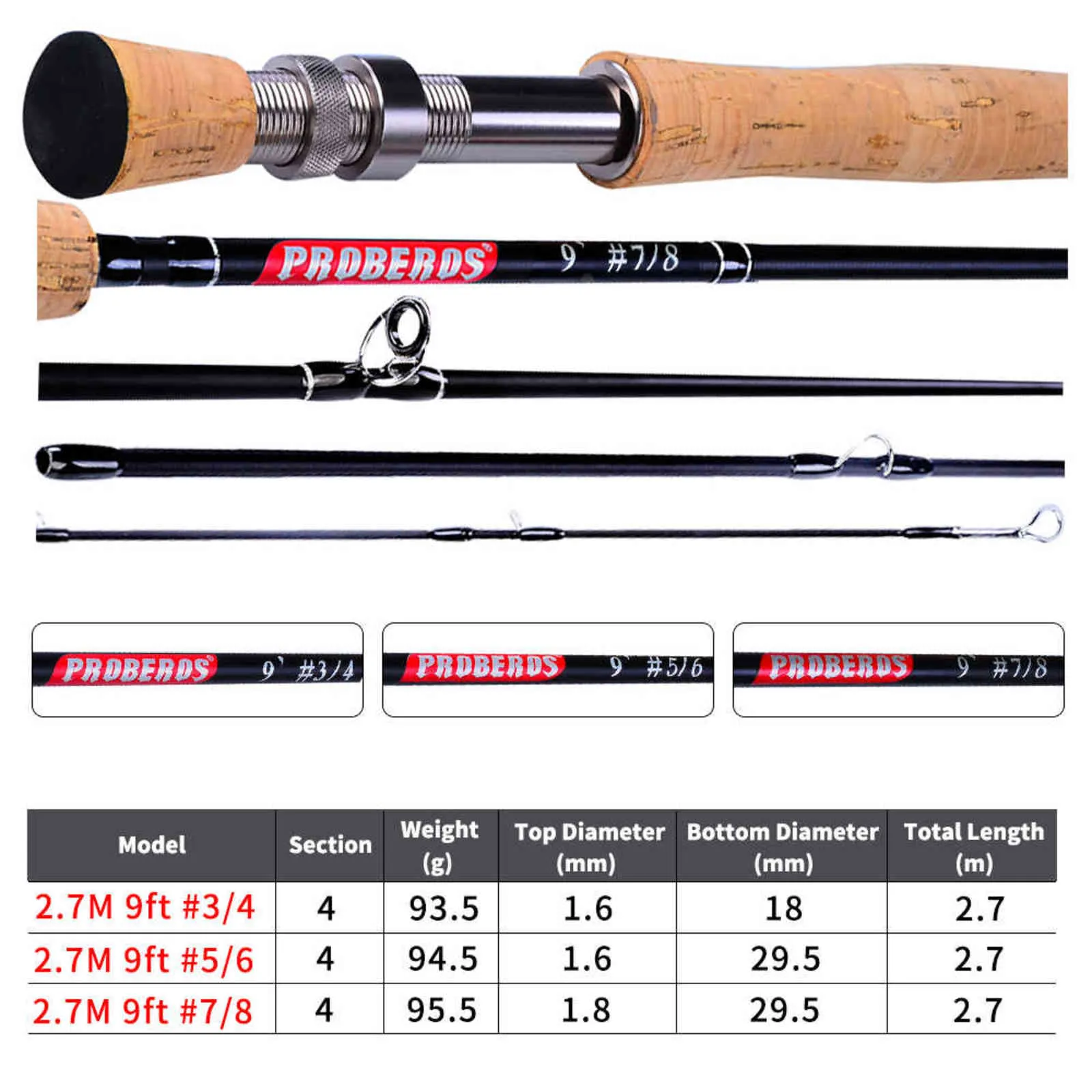 PROBEROS Fly Fishing Outfit 7FT/9FT, 2.1M/2.7M, 4 Sections, Line Wt 3/4/5/6/ 7/8, Soft Cork Handle Tackle From Long07, $23.65