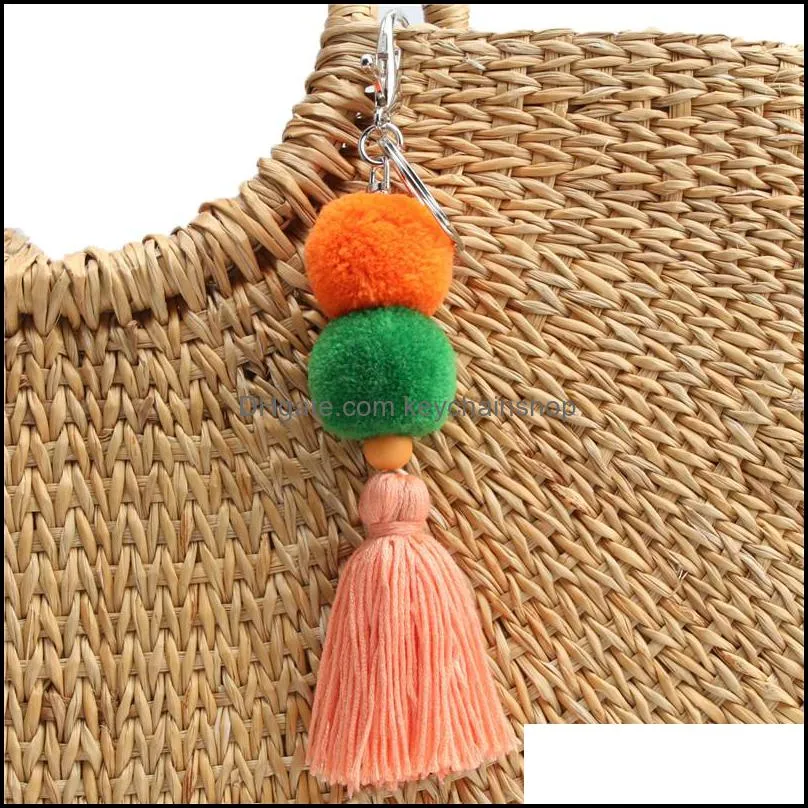 1pc New Design Pompom Balls Long Charm With Colored Tassel Chain Key Chains For Women Men Bohemian Trinket Keyrings Car Keychain