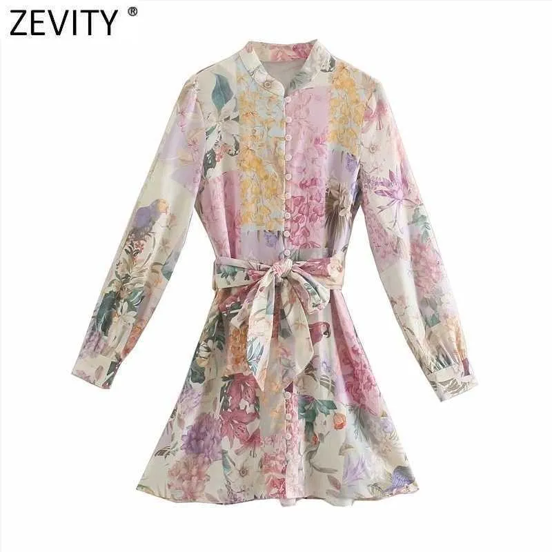 Zevity Women Elegant Pink Flower Print Breasted Shirtdress Female Long Sleeve Bow Sashes Vestido Chic A Line Mini Dresses DS8173 210401