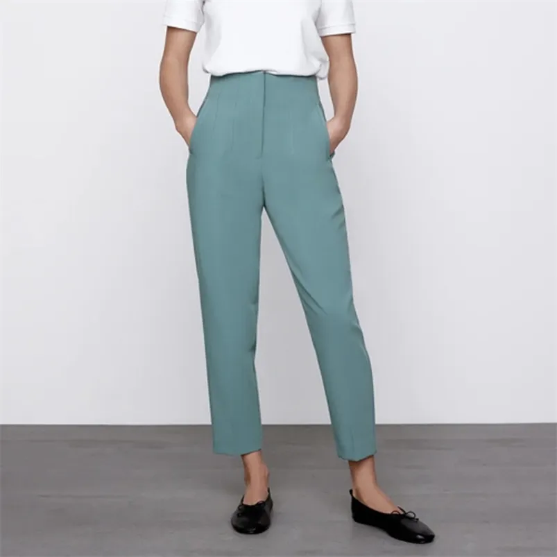 Femmes été décontracté solide cheville longueur pantalon ZA taille haute mode rue femme élégant pantalon droit pantalon vêtements 210721