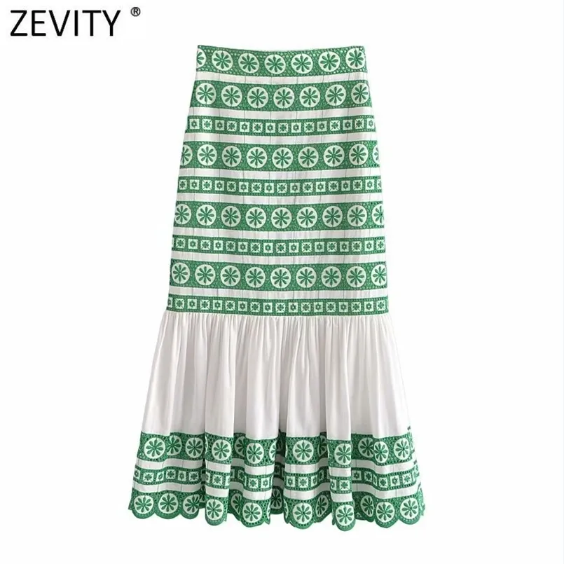 Zevity Women Vintage Green Floral Broderi Patchwork Hem Ruffle Kjol Faldas Mujer Kvinna Sida Zipper Casual Midi Qun808 210708