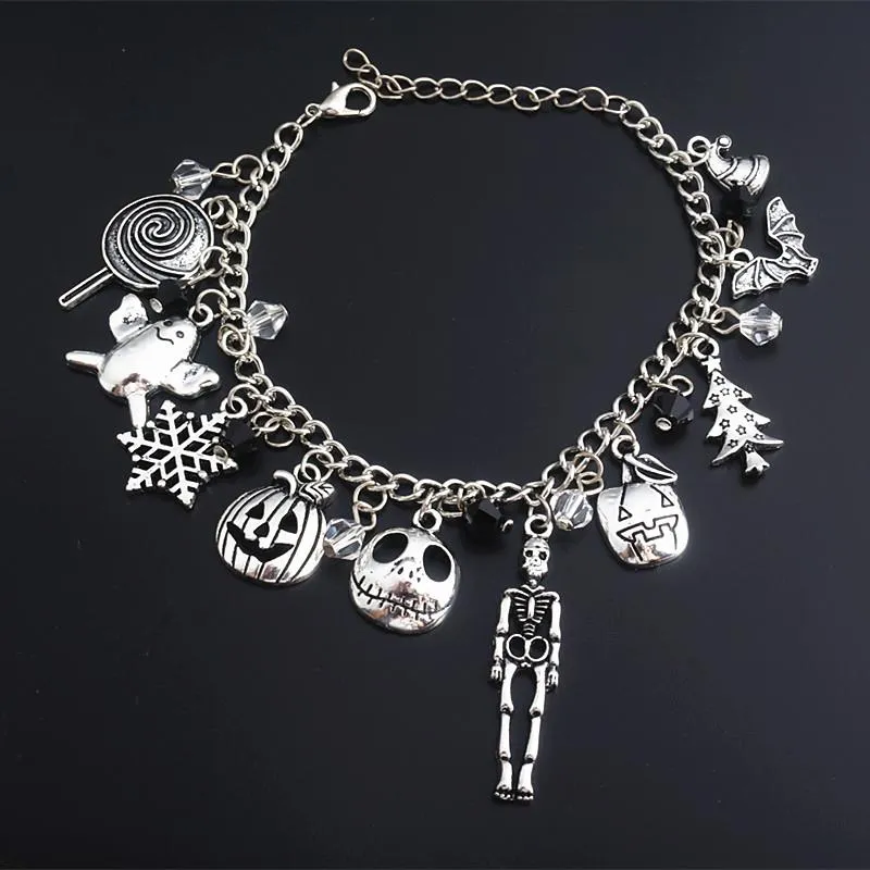 Link, Chain The Nightmare Before Christmas Bracelet Jack Skellington Snowflakes Pumpkin Skull Charms Bangle Bracelets Halloween Jewelry