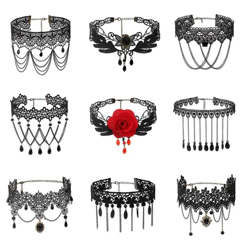 Gotycki Chokers Czarny Zroszony Kwiaty Sexy Koronki Neck Choker Naszyjnik Vintage Łańcuch Kręć Kobiety Punk Halloween Biżuteria