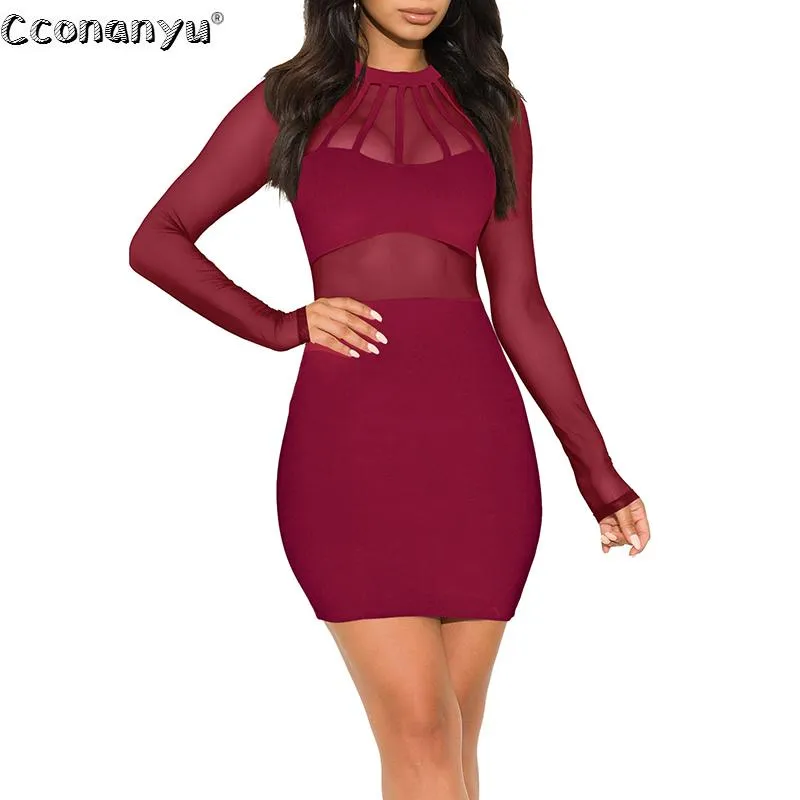 Frauen Mesh Rundhals Plissee Herbst Winter Langarm Mini Kleid Sexy Weiche Garn Solide Party Elegante Streetwear