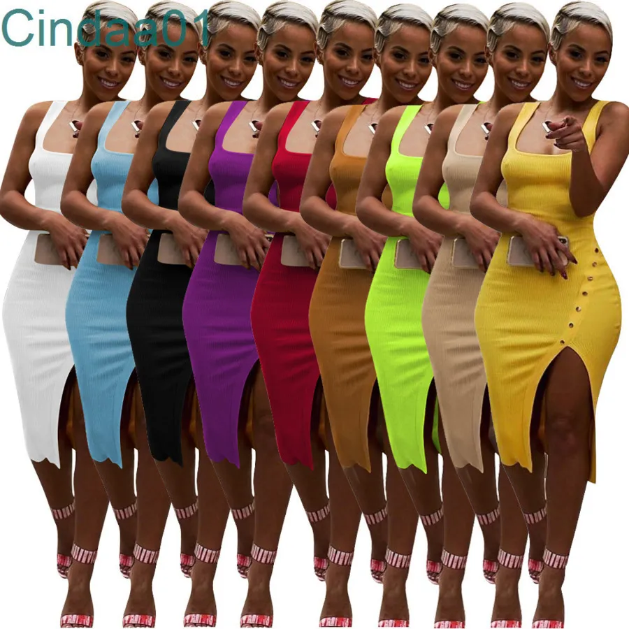 여성 드레스 디자이너 슬림 섹시 퓨어 컬러 여러 색상 사용 가능 민소매 불규칙한 측면 분할 버튼 여성 드레스 9 색상