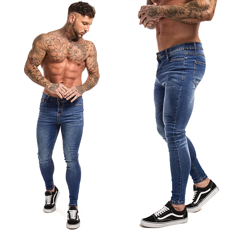 Mode Jeans Herr Elastisk midja Skinny 2021 Stretch Ripped Byxor Streetwear Denim Blå