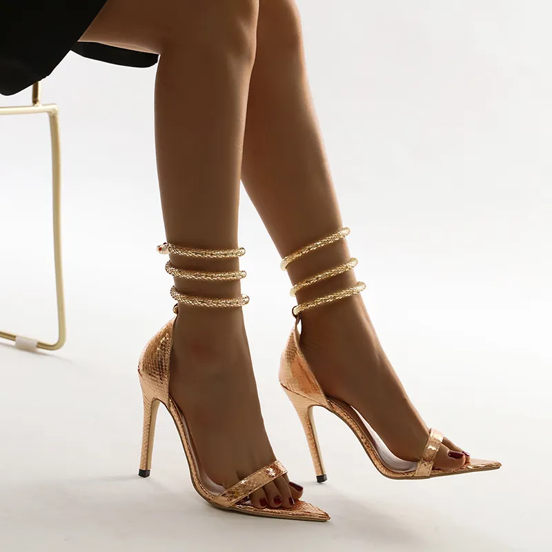Women shoes 12cm High Heels Golden Snake Stripper Sandals Female Fetish Strappy