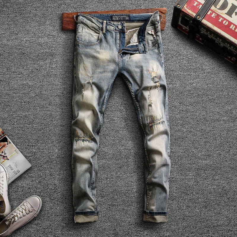 Italiensk stil mode män jeans högkvalitativa elastiska smala passform rippade denim byxor patchwork streetwear designer hip hop byxor