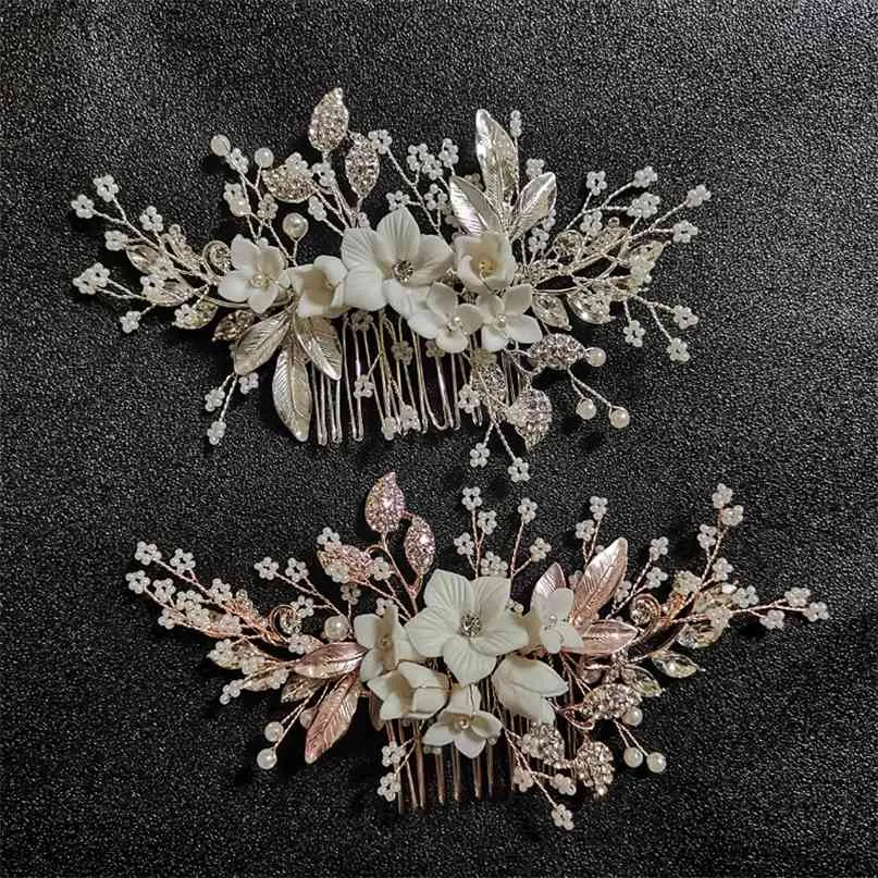 SLBRIDAL Handmade Crystal s Pearls Flower Wedding Jewelry Hair Comb Bridal Headpieces Accessories Bridesmaids 210707