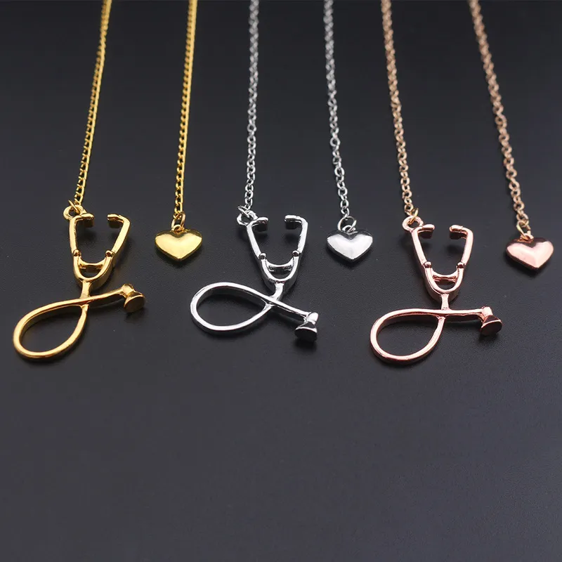 Stethoscope Necklace Lariat Heart Pendant Rose Gold Black Color Newest Nurse Medical Necklaces Collares Bijoux