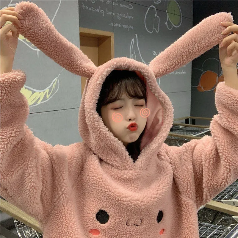 Sweet And Cute Rabbit Ear Fluffy Hoodie For Women Long