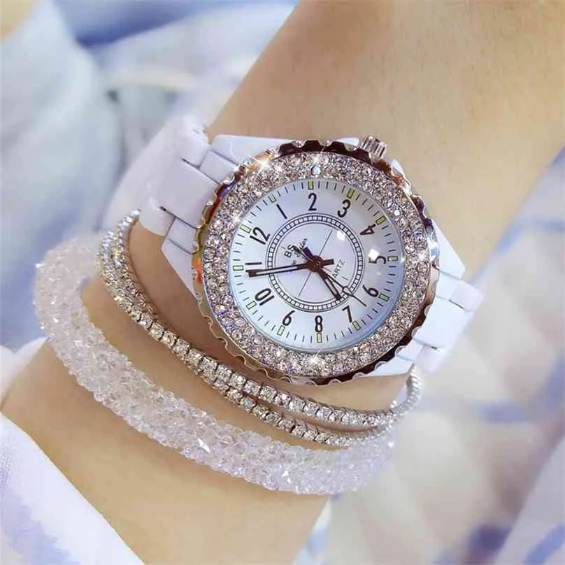 Luxury Crystal Wristwatches Women White Ceramic Ladies Watch Quartz Fashion Watches Wrist watches for Female 210609