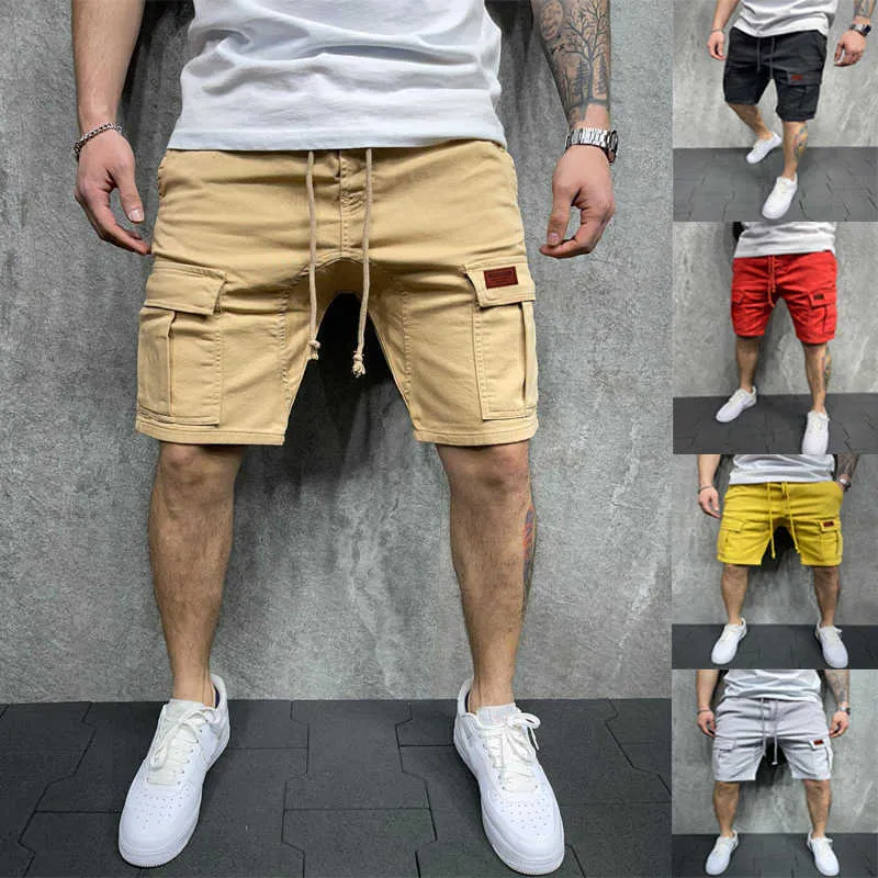 Sommar shorts combat-cargo 2021 män elastiska dragsko trunk fitness arbete avslappnad andningsbar gym shorts masculina kläder x0628