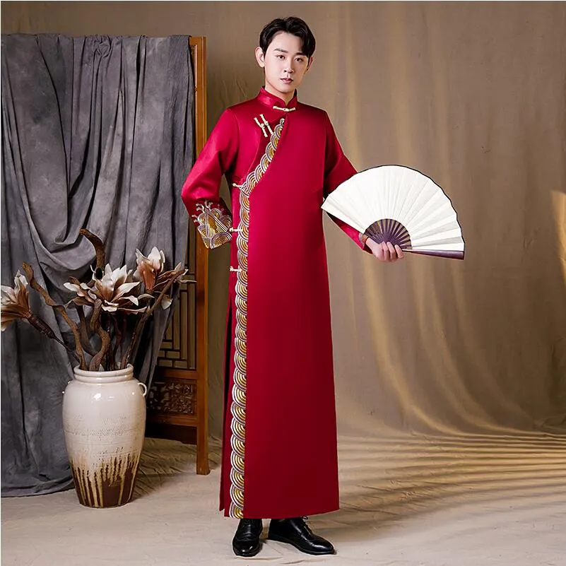 Odzież Etniczna Mężczyzna Cheongsam Chiński Styl Costume The Groom Sukienka Kurtka Długa Suknia Tradycyjna Chińska Suknia Ślubna Mężczyźni